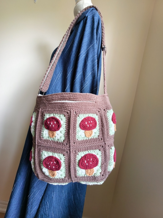 Handmade Handbags - Handmade Crochet Mushroom Patchwork Shoulder Bag - Brown & Red